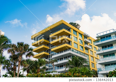 Modern residential building. Architectural building in Miami south beach. Architectural perspective. City architecture. Architecture of modern residential building. Perspective city condominium Modern residential building. Architectural building in Miami south beach. Architectural perspective. City architecture. Architecture of modern residential building. Perspective city condominium 136442013