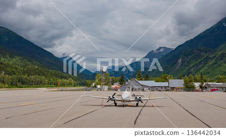 Skagway, Alaska, USA - July 23, 2019: Cessna 340 aircraft plane in airport. Airport of Skagway with Cessna 340 aircraft. Plane jet of Cessna 340 aircraft. Cessna 340 aircraft 136442034