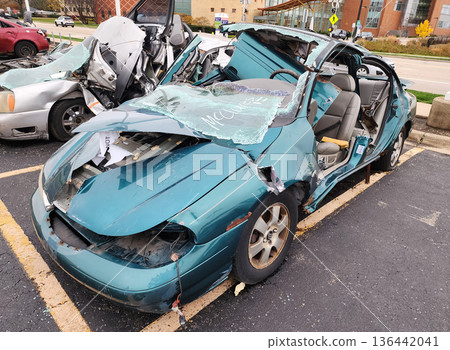 Chicago, USA - November 11, 2024: Car crash insurance. Broken Ford, corner view. Ford crashed in car accident. Ford car crash and damage. Damage of car in accident 136442041