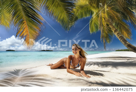 Beautiful young woman relaxing on vacation on a tropical beach in the south Pacific 136442075
