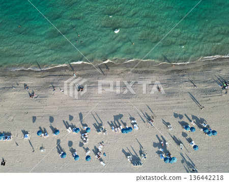 Aerial view on sea or ocean beach with people on sand in summer vacation, travel destination 136442218