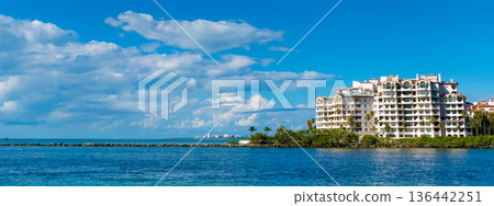 Miami beach architecture. South beach cityscape. Cityscape skyline of Florida. Miami downtown skyline. Resort city with residential building. Residential luxury building of Miami, Florida. Copy space 136442251