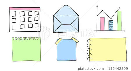 Hand drawn office stickers and notes set with calendar envelope charts and paper elements doodle sketch style vector illustration Hand drawn office stickers and notes set with calendar envelope charts and paper elements doodle sketch style vector illustration 136442299