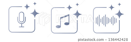 AI voice assistant icon set with microphone, music note and sound wave symbols. Artificial intelligence audio generation concept for creative tools, digital content platforms and modern applications. 136442428