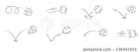 Tennis ball bounce and jump line set. Hand drawn sport movement with spiral curves, rebound effects and dynamic trajectories. Playful doodle vector illustration for tennis graphics Tennis ball bounce and jump line set. Hand drawn sport movement with spiral curves, rebound effects and dynamic trajectories. Playful doodle vector illustration for tennis graphics 136442453