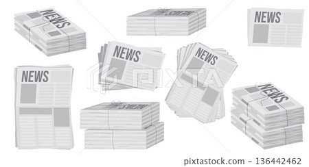 Pile of newspapers on white background. Stack of newspapers. Paper waste Pile of newspapers on white background. Stack of newspapers. Paper waste 136442462
