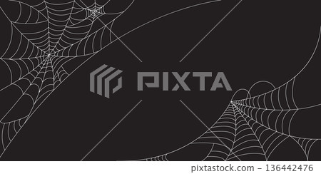 Corner Cobweb, isolated on black, transparent background. Spiderweb for Halloween design. Spider web elements, spooky, scary, horror halloween decor. 136442476