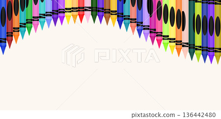 Colorful wax crayon frame illustration. Education School Supply - Black, Indigo, Blue, Turquoise, Teal, Green, Yellow, Orange, Red, Pink, Purple, Brown, and Gray Crayons Isolated  136442480