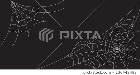 Corner Cobweb, isolated on black, transparent background. Spiderweb for Halloween design. Spider web elements, spooky, scary, horror halloween decor. 136442482