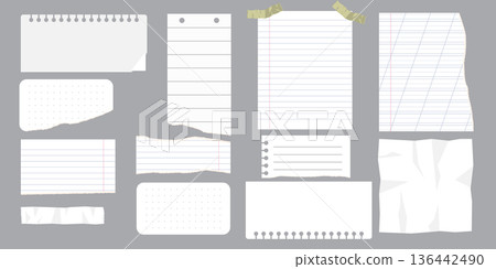 Paper scraps. Torn pieces of paper, with torn edges for notes, realistic torn pieces of blank note pages. Vector illustration isolated Paper scraps. Torn pieces of paper, with torn edges for notes, realistic torn pieces of blank note pages. Vector illustration isolated 136442490