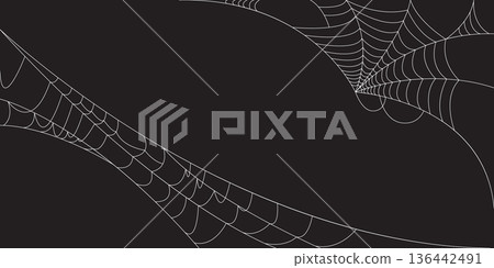 Corner Cobweb, isolated on black, transparent background. Spiderweb for Halloween design. Spider web elements, spooky, scary, horror halloween decor. 136442491