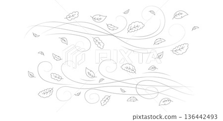 Doodle autumn leaves flying in the wind. Falling season outline backdrop, air flow leaves wave linear pattern or wind blowing doodle vector print. Autumn windy weather hand drawn monochrome background Doodle autumn leaves flying in the wind. Falling season outline backdrop, air flow leaves wave linear pattern or wind blowing doodle vector print. Autumn windy weather hand drawn monochrome background 136442493