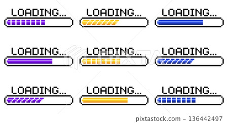 Pixel art 8-bit loading bar concept. Loading or Installing process. Pixel art 8-bit loading bar concept. Loading or Installing process. 136442497