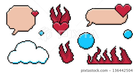 Set of pixel art dialogue box, heart, star, cloud. Speech bubbles in the mood of 90s aesthetics. Vector 8-bit retro style illustration. Set of pixel art dialogue box, heart, star, cloud. Speech bubbles in the mood of 90s aesthetics. Vector 8-bit retro style illustration. 136442504