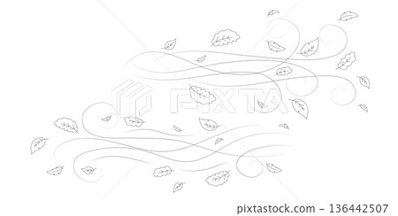 Doodle autumn leaves flying in the wind. Falling season outline backdrop, air flow leaves wave linear pattern or wind blowing doodle vector print. Autumn windy weather hand drawn monochrome background 136442507