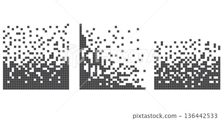 Pixel disintegration background. Decay effect. Dispersed dotted pattern. Concept of disintegration, pixel mosaic textures with simple square particles. 136442533