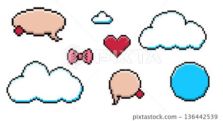 Set of pixel art dialogue box, heart, star, cloud. Speech bubbles in the mood of 90s aesthetics. Vector 8-bit retro style illustration. Set of pixel art dialogue box, heart, star, cloud. Speech bubbles in the mood of 90s aesthetics. Vector 8-bit retro style illustration. 136442539