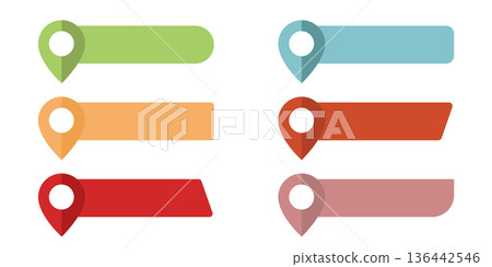 Map pointers icon set. Location icons or geolocations. Vector design element set. Pointer icon pin on the map with space for text. Pin text tag. 136442546