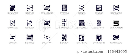 S Logo Letter Set AI Software System Identity Style, Digital Techno Innovation Startup Company Branding. Science Security Service Corporate Branding Monogram Symbols. Sign Collection. Vector Logotype 136443095