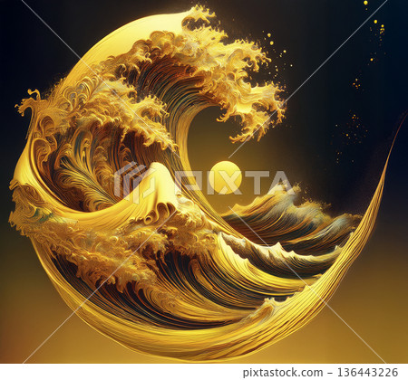 Illustration - Japanese style artwork of an ocean wave and setting sun 136443226