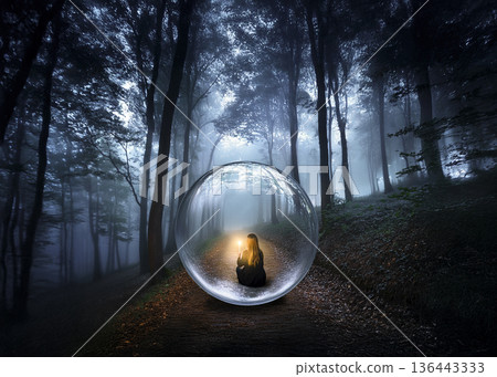 Girl in a bubble floating above a path through a spooky forest 136443333
