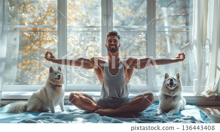 A man demonstrates his flexibility and strength with calisthenics in a sunlit room, where natural light enhances his slim form. A man demonstrates his flexibility and strength with calisthenics in a sunlit room, where natural light enhances his slim form. 136443408