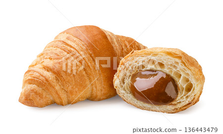 Croissant and half with jam on a white background. Isolated Croissant and half with jam on a white background. Isolated 136443479