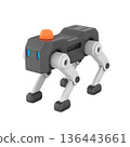 Illustration of a futuristic security robot dog standing alert. The robotic canine features sleek metal panels, jointed legs, sensors, and a small camera module for surveillance 136443661