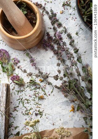 pestle and mortar around dry helthy and spice herbs at white background. top view pestle and mortar around dry helthy and spice herbs at white background. top view 136443869
