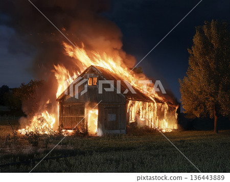 Wooden barn on fire at dusk - AI Generated. 136443889