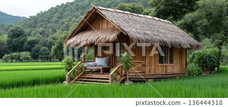 Close view of wooden stairs leading to a small house on a rice plantation in the mountains with blue sky and clouds above 136444318