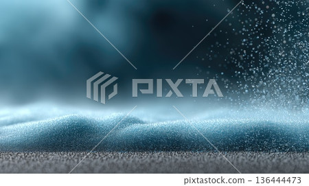 A blue wave pattern displays glowing particles against a dark background. This design represents technology and digital data concepts A blue wave pattern displays glowing particles against a dark background. This design represents technology and digital data concepts 136444473
