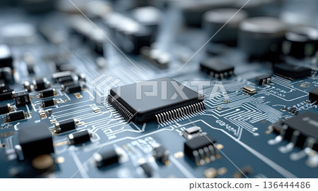A blue circuit board design shows detailed digital elements and a chip layout with sharp focus and clarity in a high-resolution format 136444486