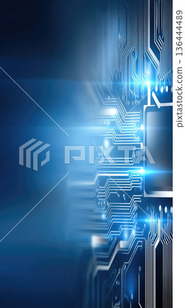 A blue circuit board design shows detailed digital elements and a chip layout with sharp focus and clarity in a high-resolution format A blue circuit board design shows detailed digital elements and a chip layout with sharp focus and clarity in a high-resolution format 136444489