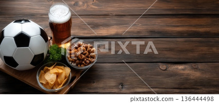 A soccer ball sits with snacks on a wooden table, featuring chips, nuts, and a glass of beer, ideal for game time A soccer ball sits with snacks on a wooden table, featuring chips, nuts, and a glass of beer, ideal for game time 136444498