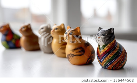 Vases with cat designs and various ceramic art pieces are displayed on a shelf against a white background with natural light Vases with cat designs and various ceramic art pieces are displayed on a shelf against a white background with natural light 136444508