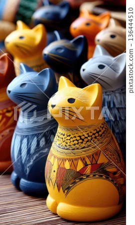 Vases with cat designs and various ceramic art pieces are displayed on a shelf against a white background with natural light Vases with cat designs and various ceramic art pieces are displayed on a shelf against a white background with natural light 136444510