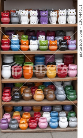 Vases with cat designs and various ceramic art pieces are displayed on a shelf against a white background with natural light Vases with cat designs and various ceramic art pieces are displayed on a shelf against a white background with natural light 136444511