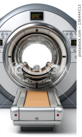 A c-2096 MRI machine with orange and gray accents set against a white background 136444513