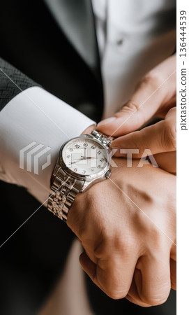 Close-up shows groom's hand buttoning tuxedo with focus on watch and formal attire in a blurred luxury wedding background Close-up shows groom's hand buttoning tuxedo with focus on watch and formal attire in a blurred luxury wedding background 136444539