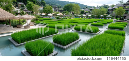 Fields filled with rice plants stretch alongside a dirt path, bordered by a wooden fence and thatched huts in a mountain area Fields filled with rice plants stretch alongside a dirt path, bordered by a wooden fence and thatched huts in a mountain area 136444560