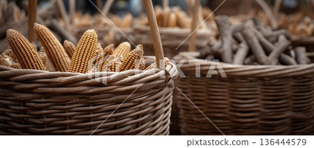 Yellow corn kernels arranged in a pile on a wooden table, highlighting the texture and shape of each kernel in a clear focus Yellow corn kernels arranged in a pile on a wooden table, highlighting the texture and shape of each kernel in a clear focus 136444579