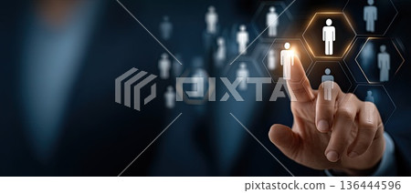 Businessman interacts with digital icons related to human resources and networks, highlighting global connections and communication Businessman interacts with digital icons related to human resources and networks, highlighting global connections and communication 136444596
