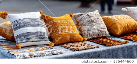 Colorful traditional wool rugs and pillows showcase local craftsmanship on a table in an old market 136444600