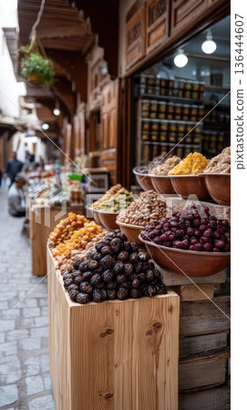 Spices and herbs fill the market with colors while shoppers browse in the background near a mosque during a busy day Spices and herbs fill the market with colors while shoppers browse in the background near a mosque during a busy day 136444607
