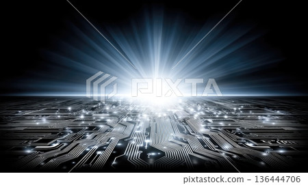 Design showcases a circuit board with glowing neon lights symbolizing computer technology. Bright light emanates from the center Design showcases a circuit board with glowing neon lights symbolizing computer technology. Bright light emanates from the center 136444706