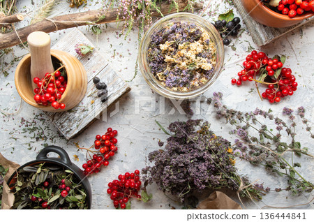 wild dry medicine herbs and cowberry, rowan, viburnum berries at white background. top view wild dry medicine herbs and cowberry, rowan, viburnum berries at white background. top view 136444841