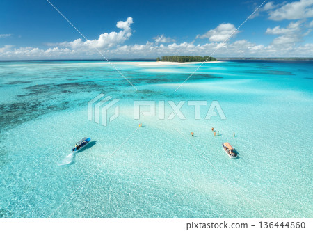 Aerial view of colorful boats and yachts in clear water in summer Aerial view of colorful boats and yachts in clear water in summer 136444860