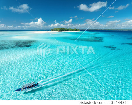 Aerial view of colorful boats, sandbank, blue sea on sunny day 136444861
