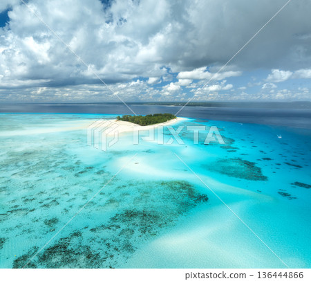Aerial view of blue sea, sky with clouds and amazing island 136444866